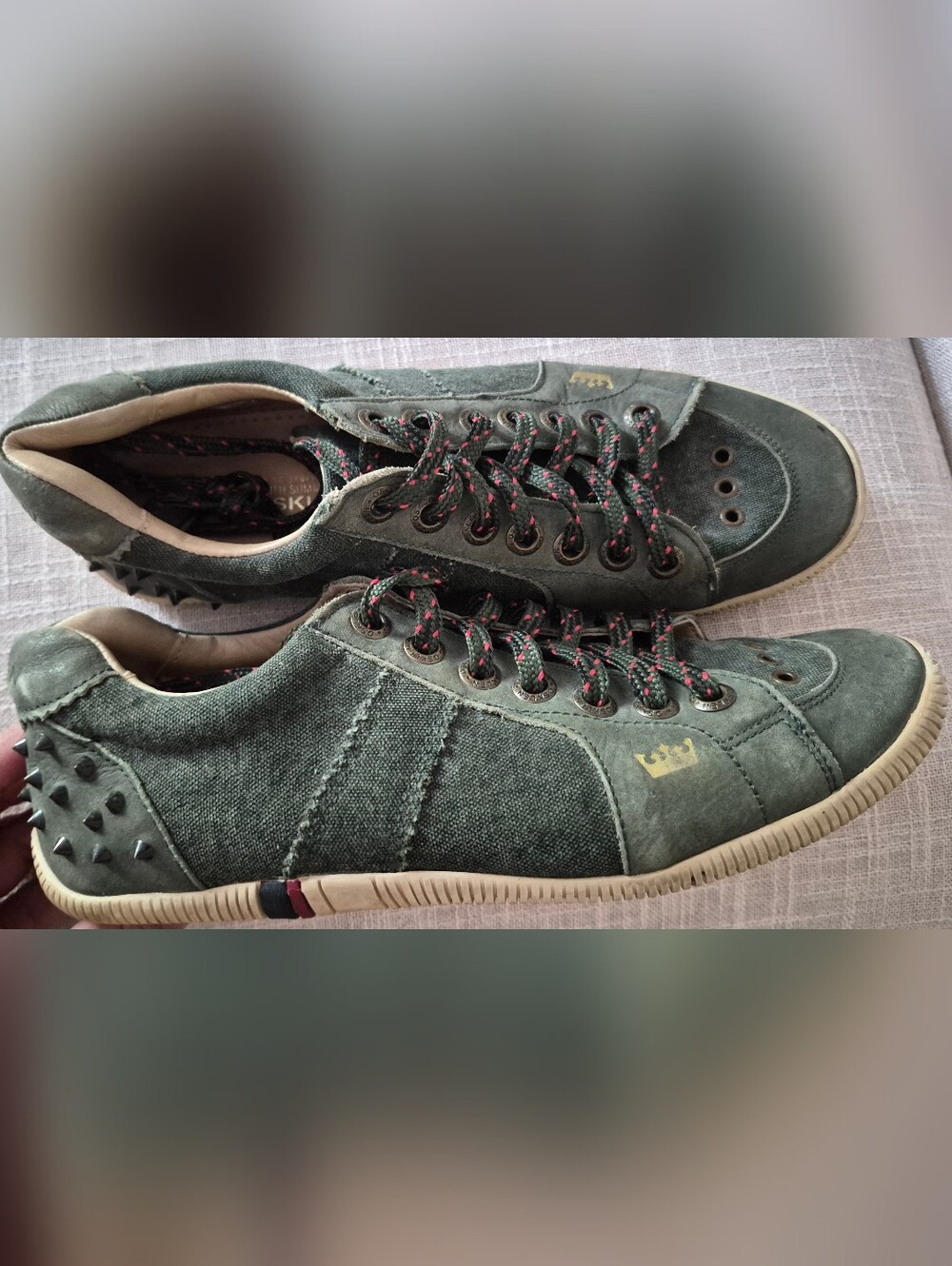 Osklen Olive Green Canvas & Leather Studded Spiked Sneakers EU 38 US 7.5